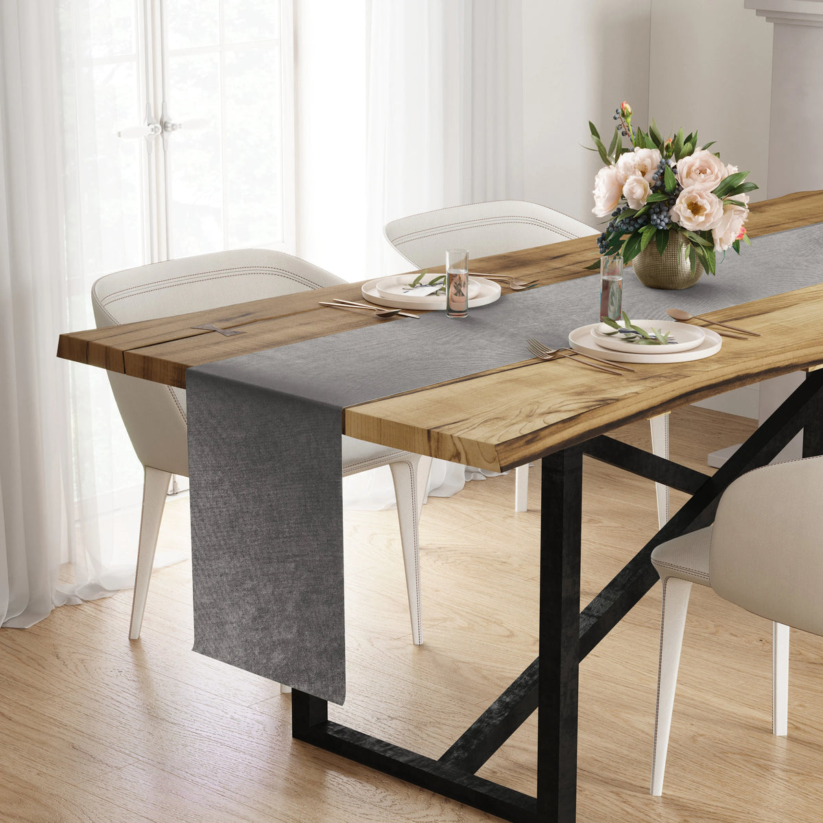 Dining Table Runner, Plain Gray Fabric Tablecloth 