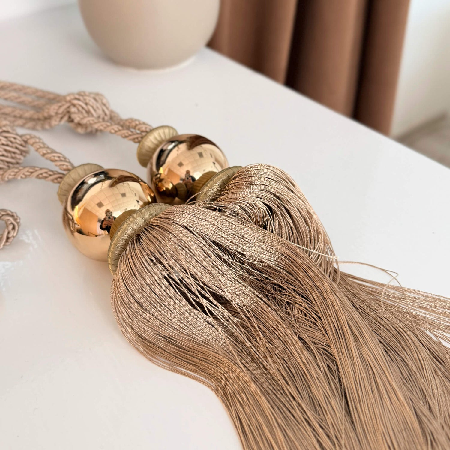 Modern Curtain Tassel Tiebacks with Matching Wall Hooks | Beige & Gold, Set of 2