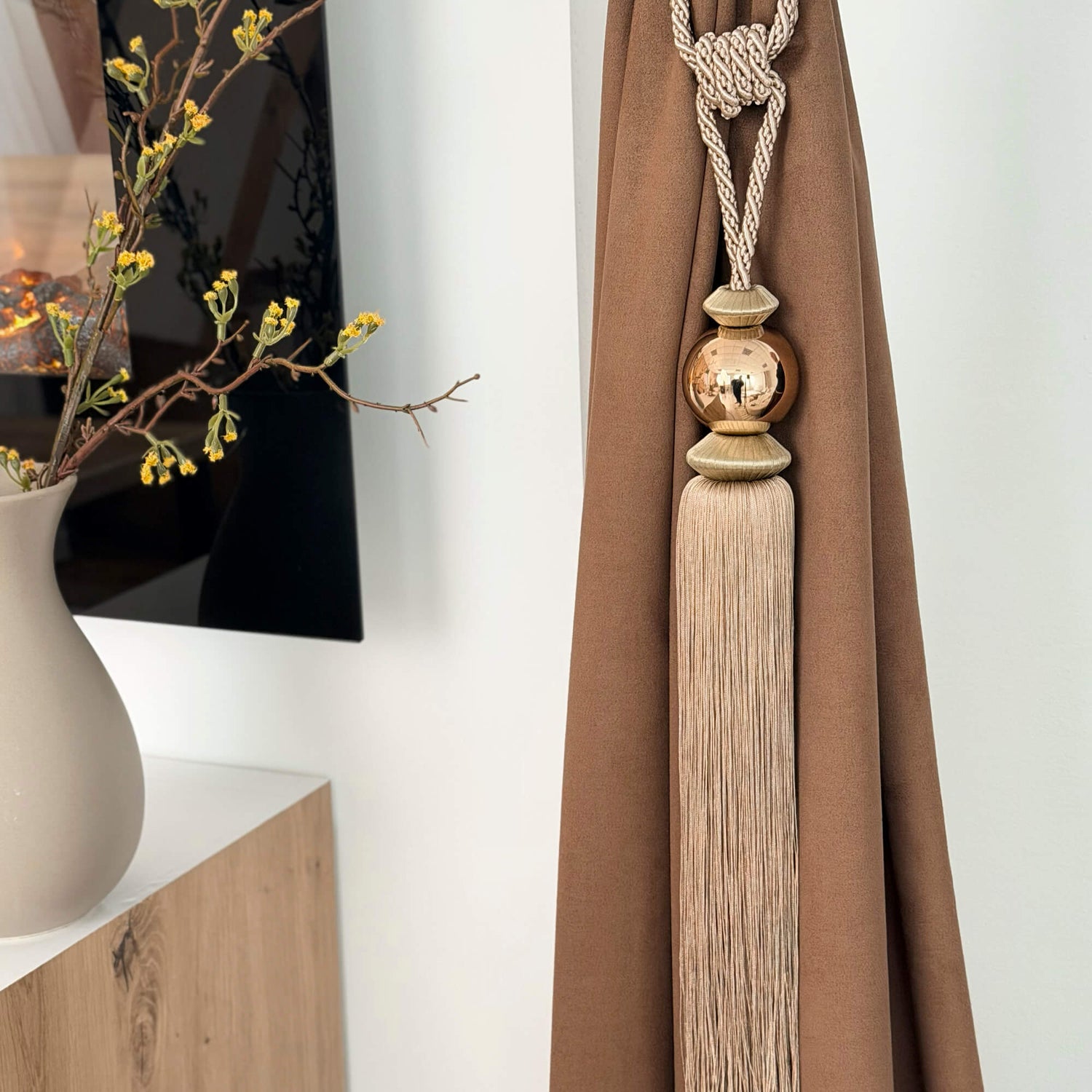Modern Curtain Tassel Tiebacks with Matching Wall Hooks | Beige & Gold, Set of 2