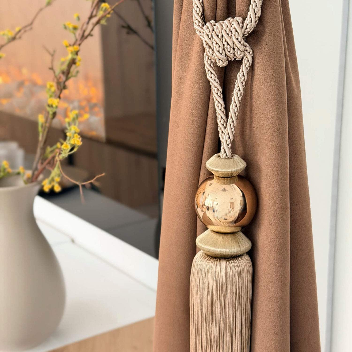 Modern Curtain Tassel Tiebacks with Matching Wall Hooks | Beige & Gold, Set of 2