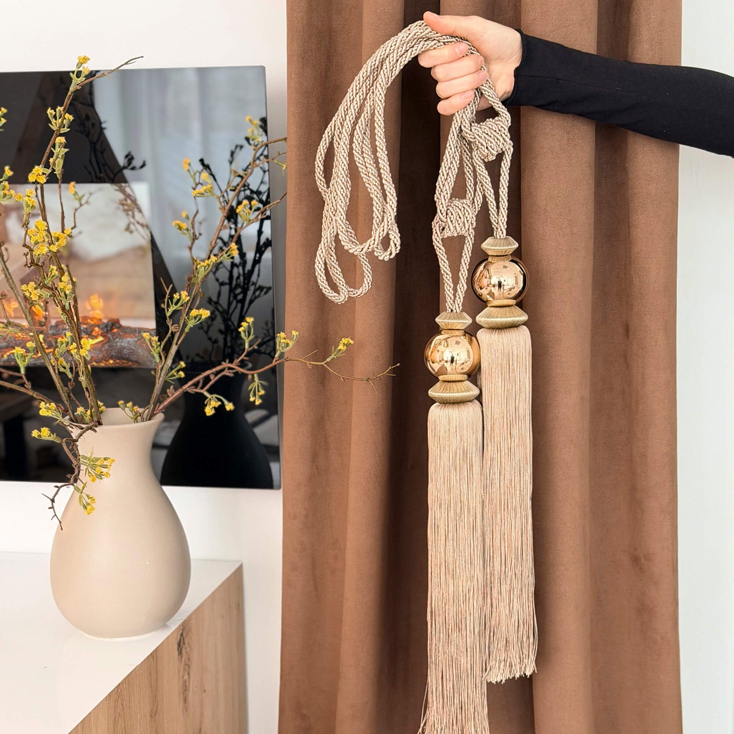 Modern Curtain Tassel Tiebacks with Matching Wall Hooks | Beige & Gold, Set of 2