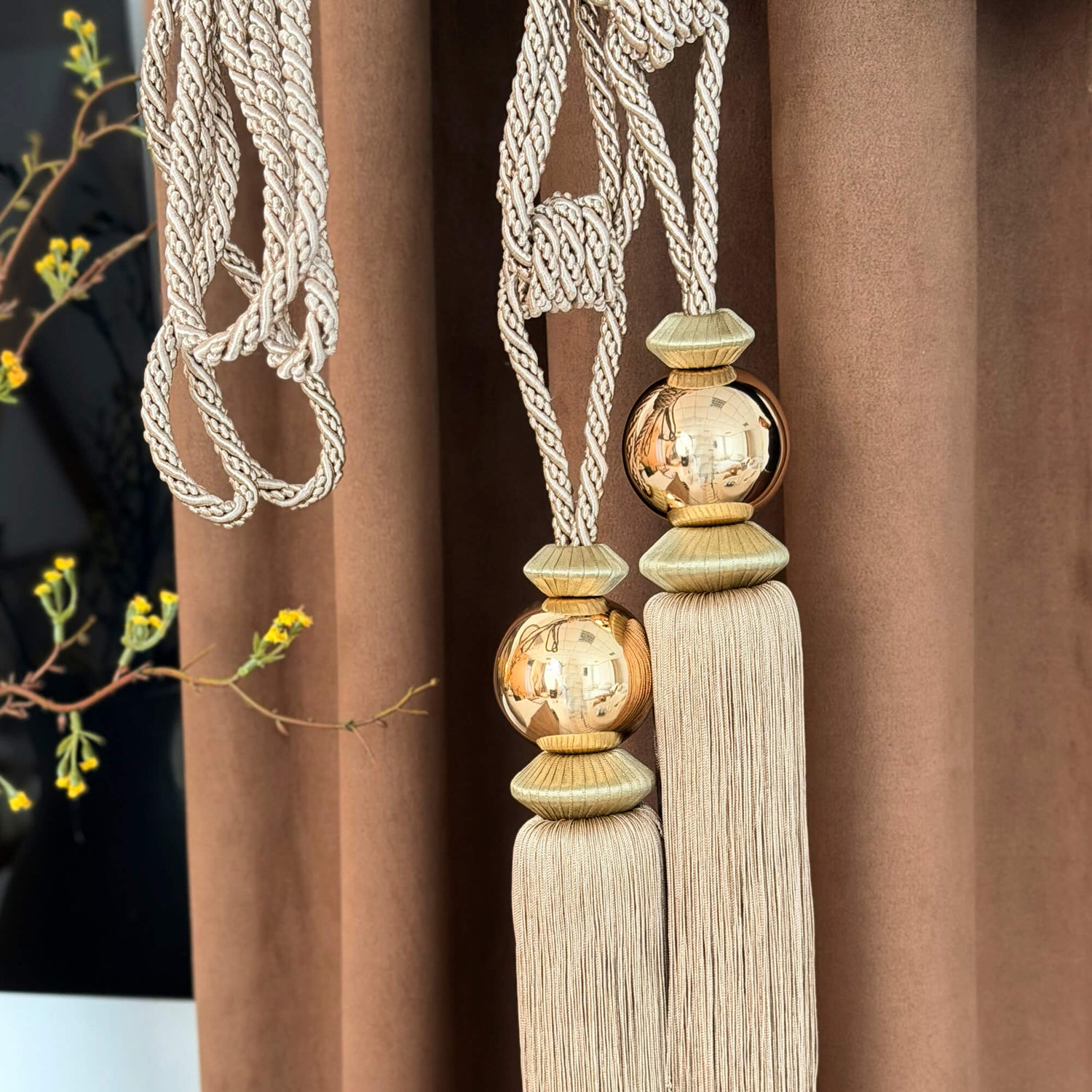 Modern Curtain Tassel Tiebacks with Matching Wall Hooks | Beige & Gold, Set of 2