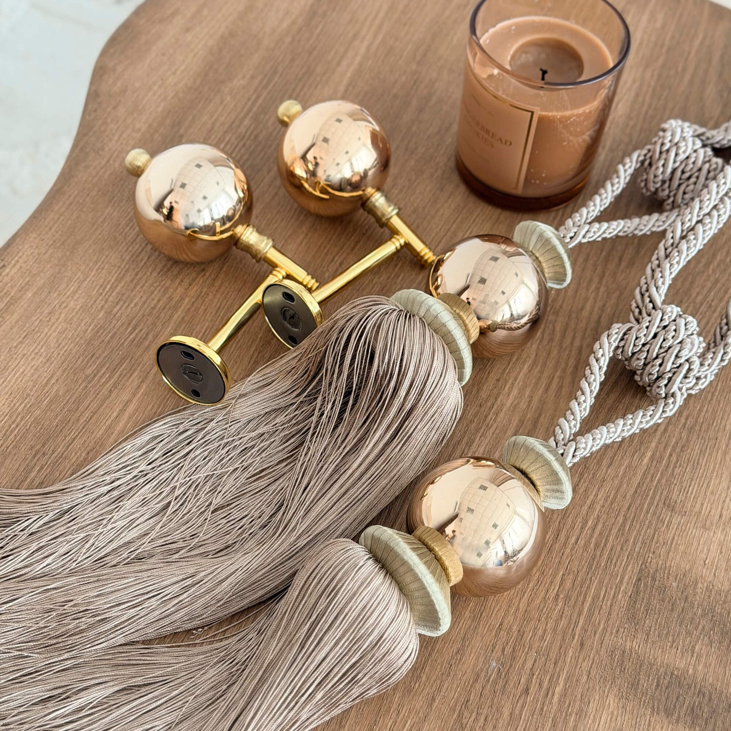 Modern Curtain Tassel Tiebacks with Matching Wall Hooks | Beige & Gold, Set of 2