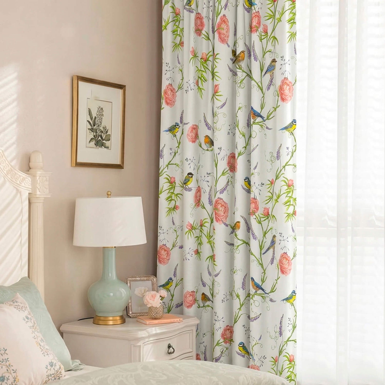 Curtains with Cute Watercolor Birds Pattern, Custom Nursery Curtain Panel
