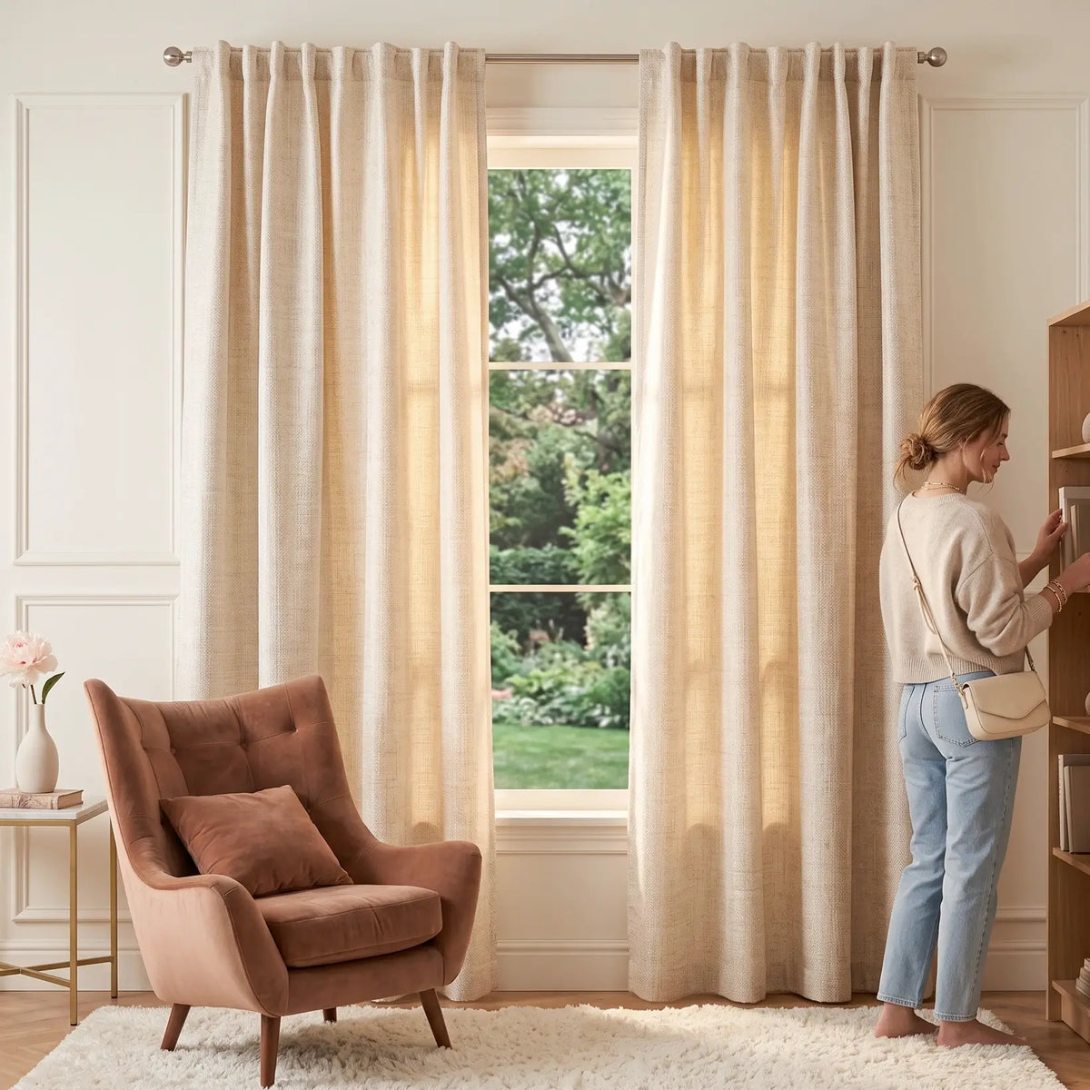 Textured Jacquard Curtains, Neutral Cream Drapery for Elegant Living Room