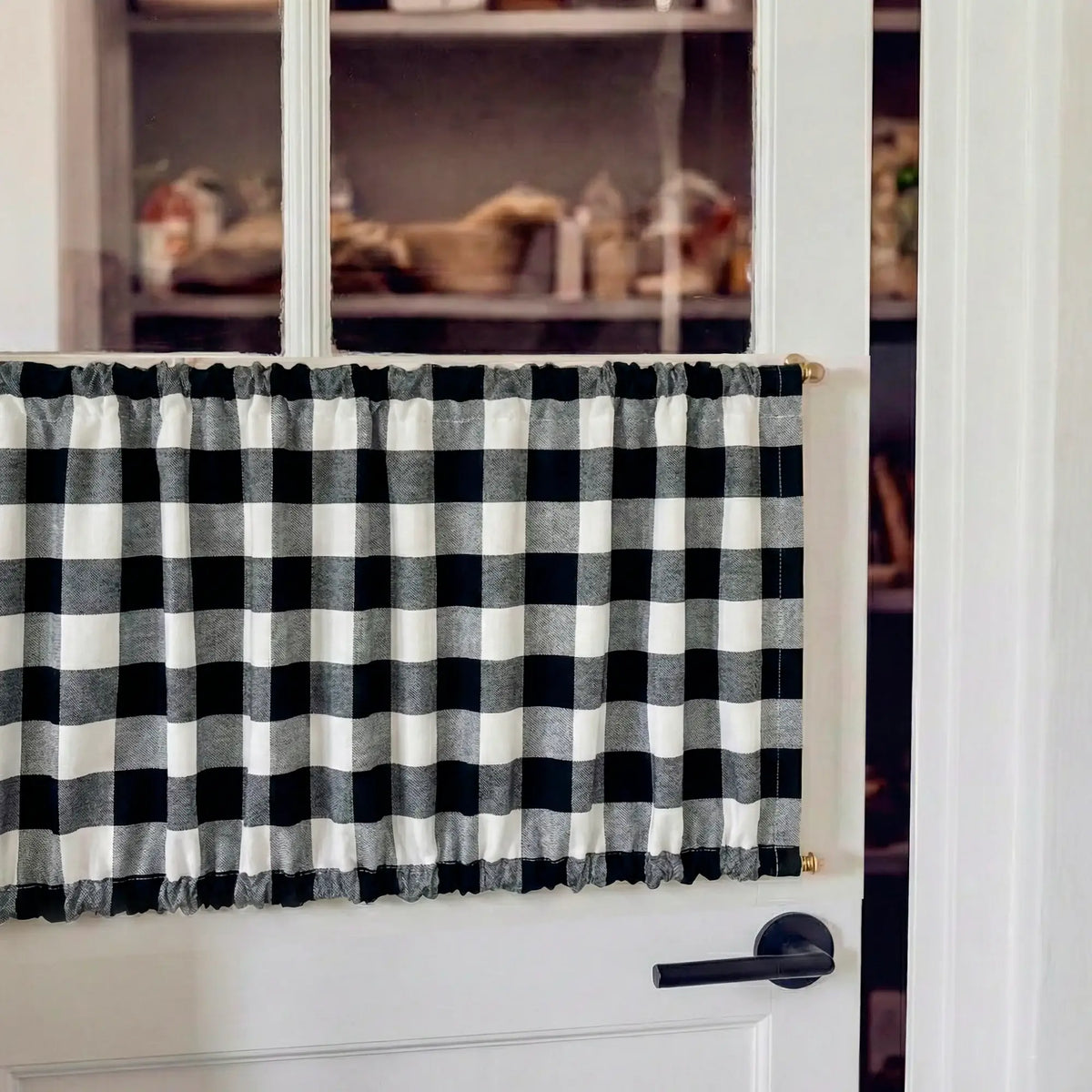 Black and White Buffalo Check French Door Curtain – Plaid Door Sash Curtain with Top & Bottom Rod Pockets