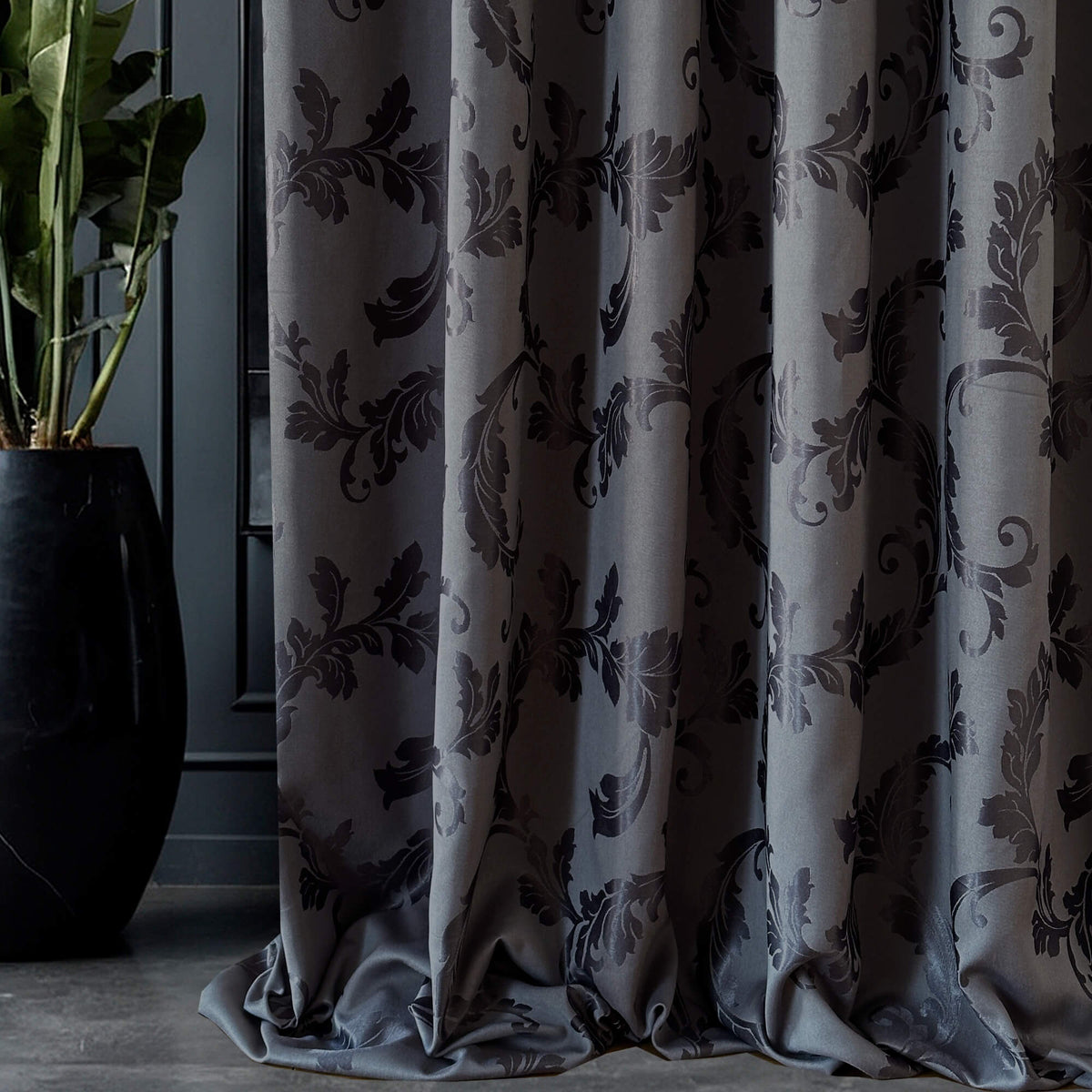 Cotton Curtain Panels Custom with Damask Charcoal Gray Floral Pattern