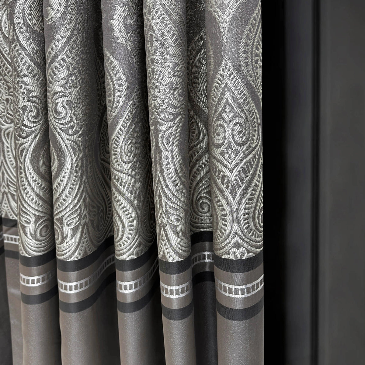 Custom Curtains Gray Striped with Damask Pattern, Luxury Bohemian Home Decor Style