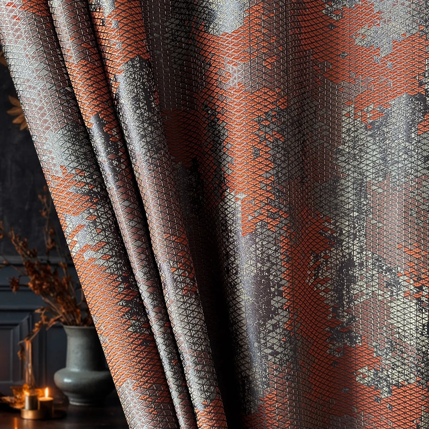 Window Curtains Custom Jacquard, Modern and Sleek Geometric Patterned in Rust Color