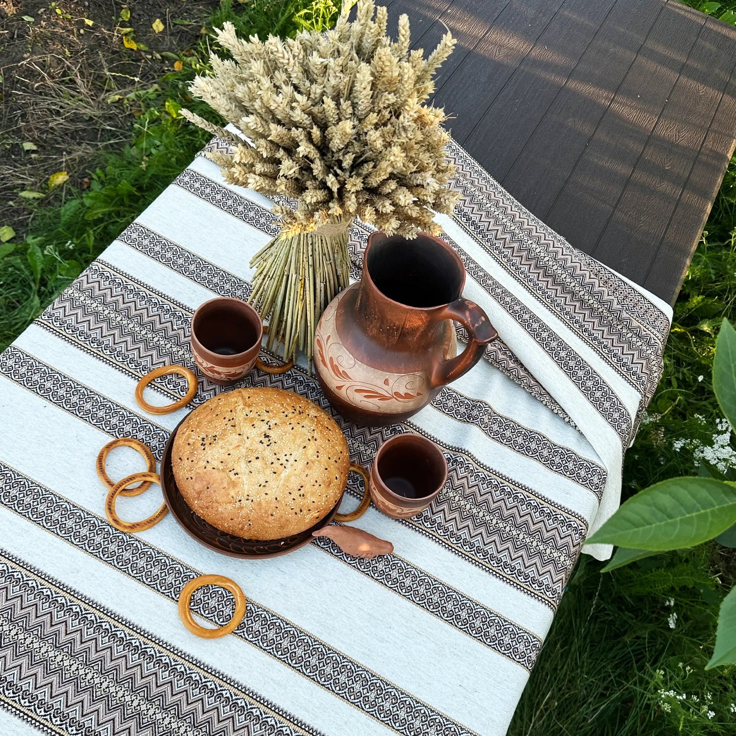 Ukrainian Linen Tablecloth with Vintage Embroidery - Rustic Ethnic Decor