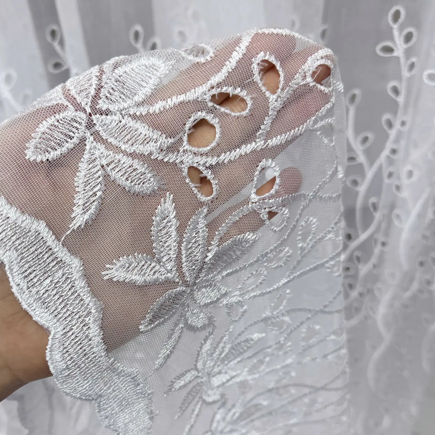 Snow White Sheer Curtains with Leaf & Branch Embroidery, Macrame Cutout Long Tulle for Living Room