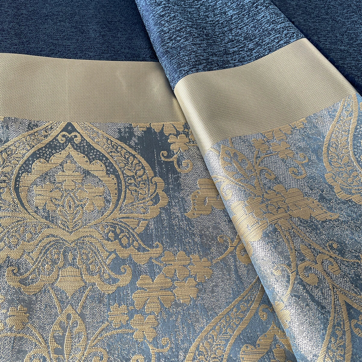 Damask Curtains for Bohemian Home Décor in Royal Blue Color with Gold Stripes