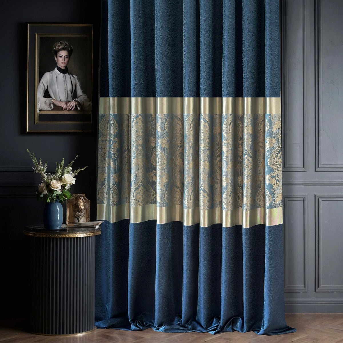 Damask Curtains for Bohemian Home Décor in Royal Blue Color with Gold Stripes