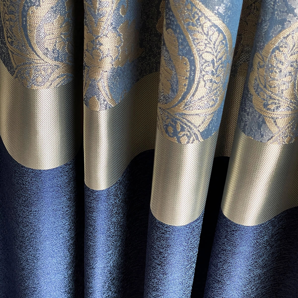 Damask Curtains for Bohemian Home Décor in Royal Blue Color with Gold Stripes