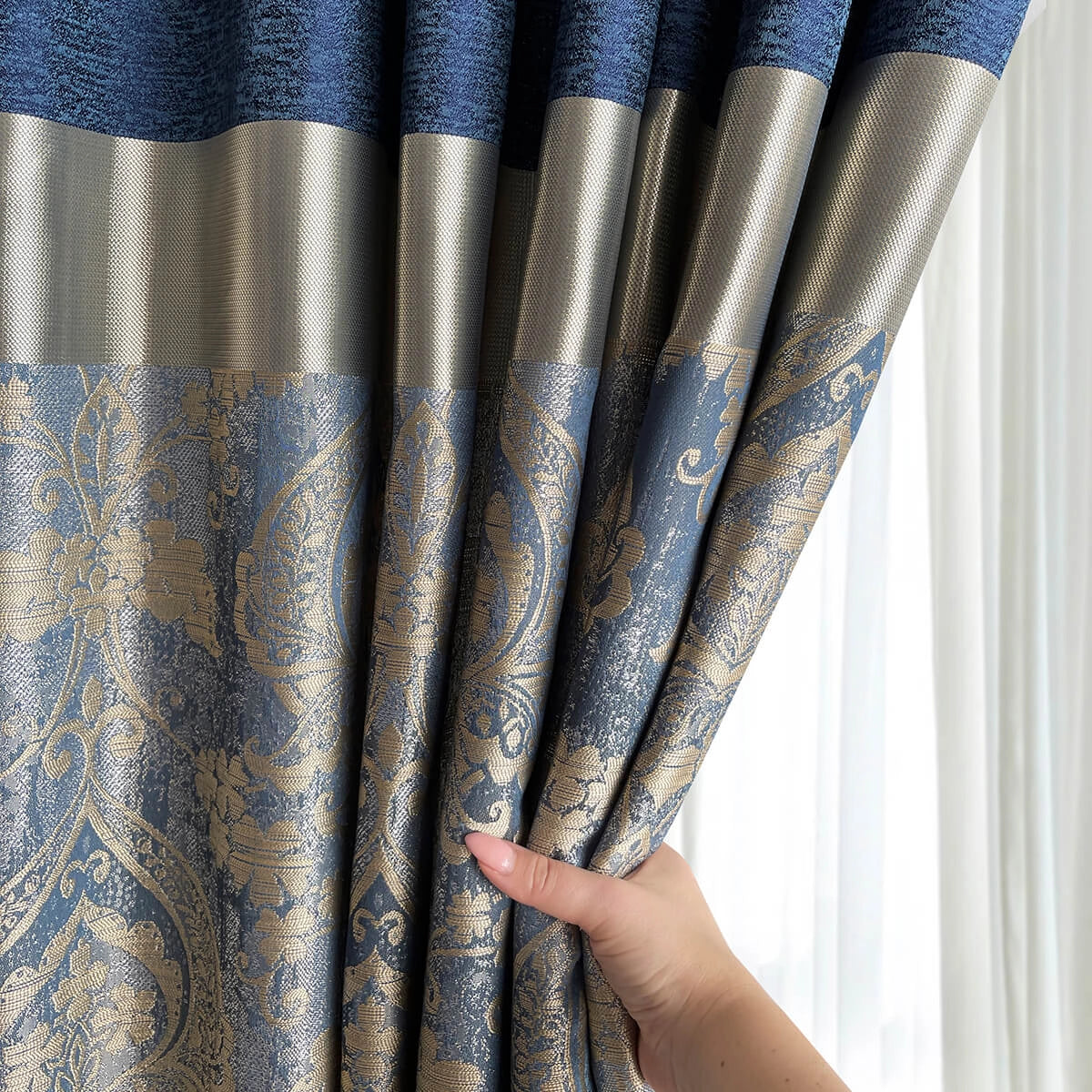 Damask Curtains for Bohemian Home Décor in Royal Blue Color with Gold Stripes