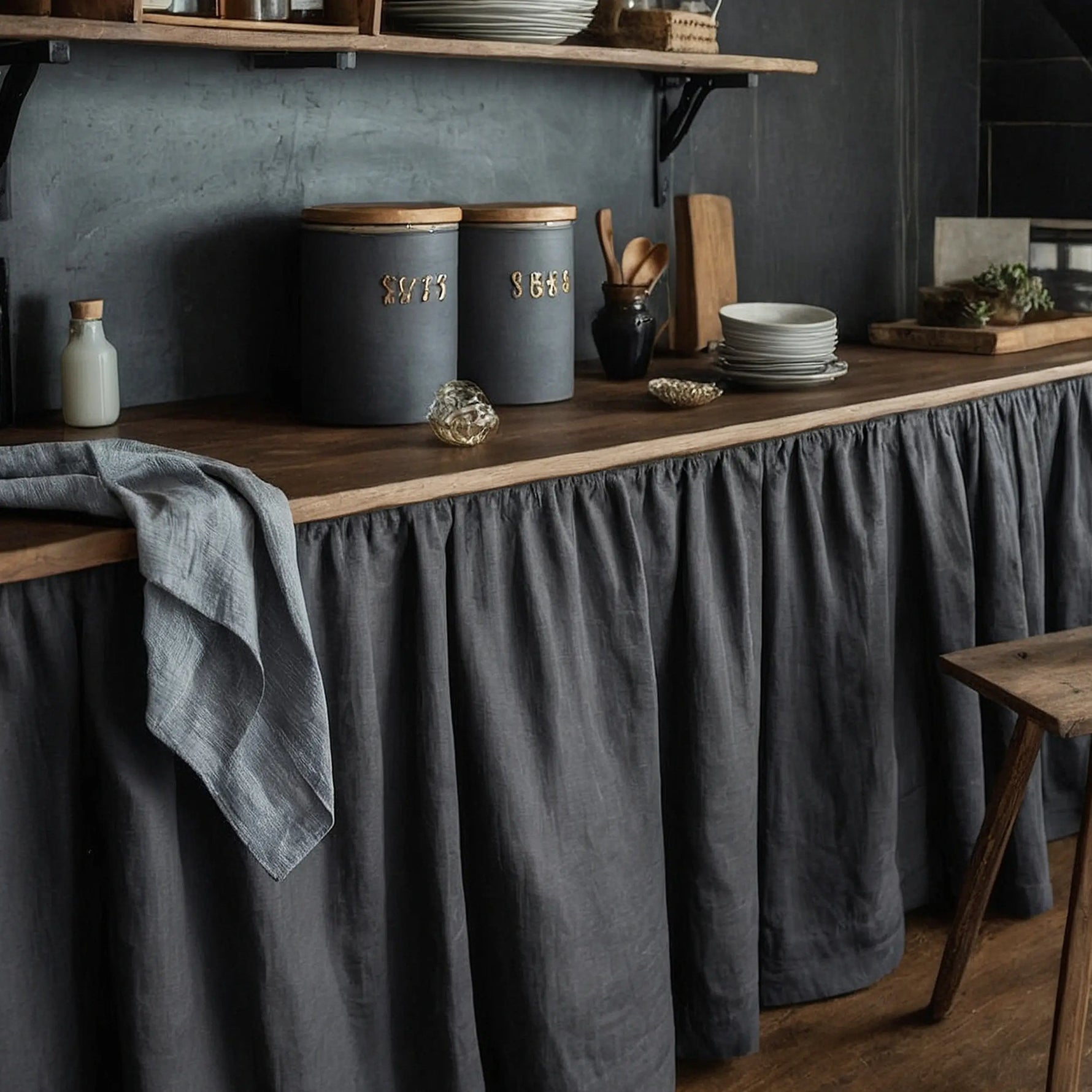 Curtain for kitchen cabinets linen dark gray