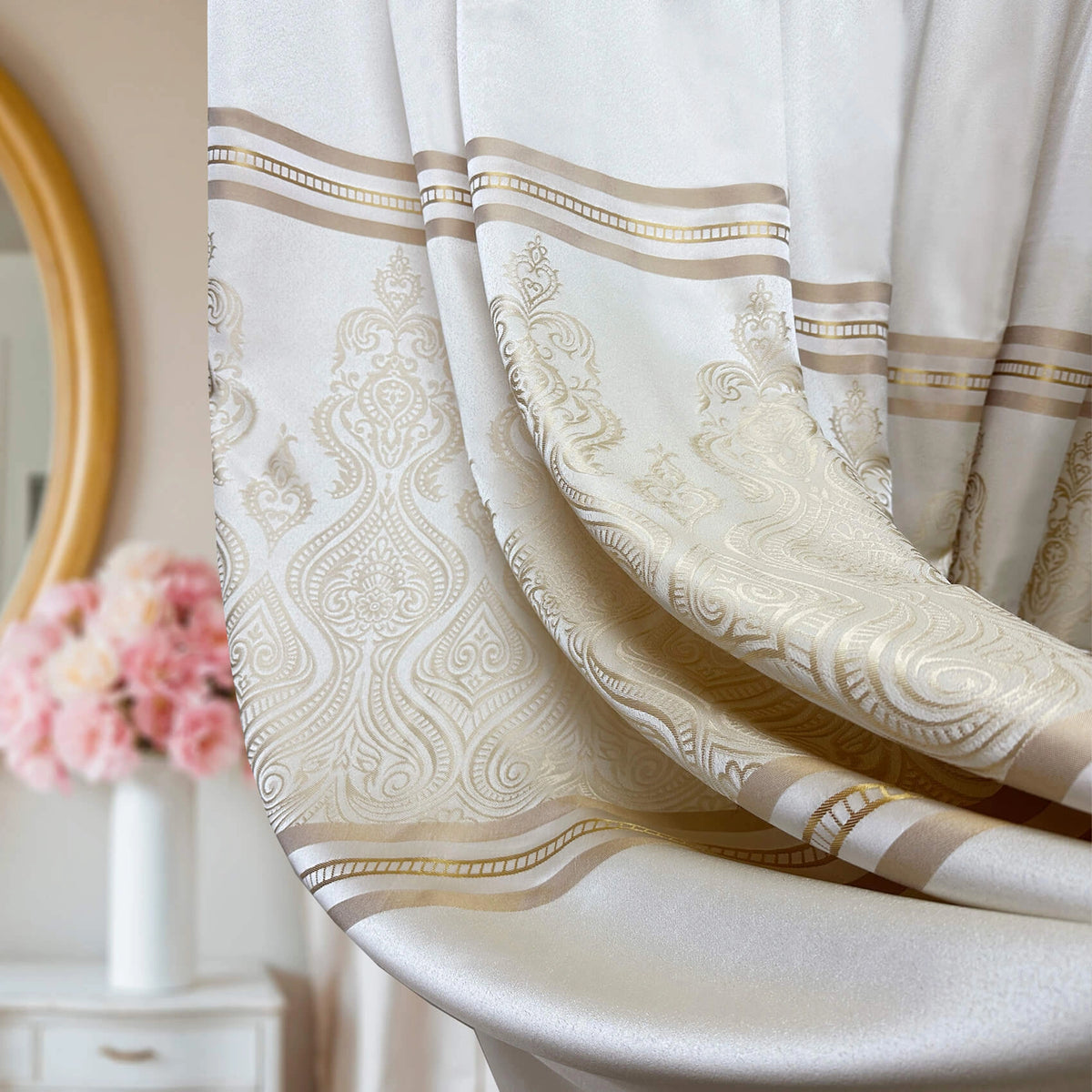 Custom Curtains Cream Striped with Damask Pattern
