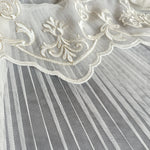 Close-up of white tulle fabric with intricate lace detailing
