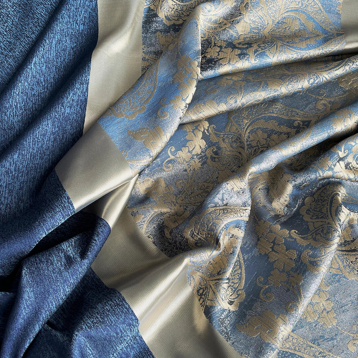 Damask Curtains for Bohemian Home Décor in Royal Blue Color with Gold Stripes