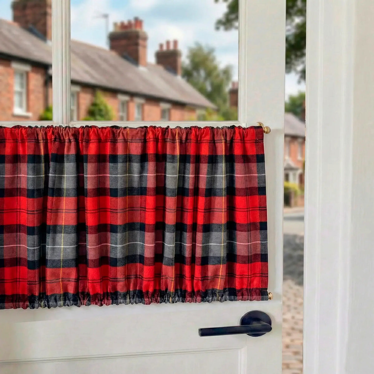 Red Plaid French Door Curtain – Tartan Check Door Sash Curtain with Top & Bottom Rod Pockets