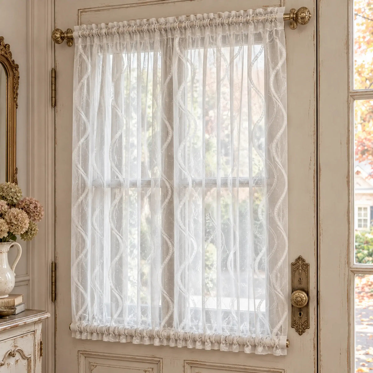 White Wave Lace French Door Curtain – Vintage Sheer Door Sash Curtain Panel with Top & Bottom Rod Pockets