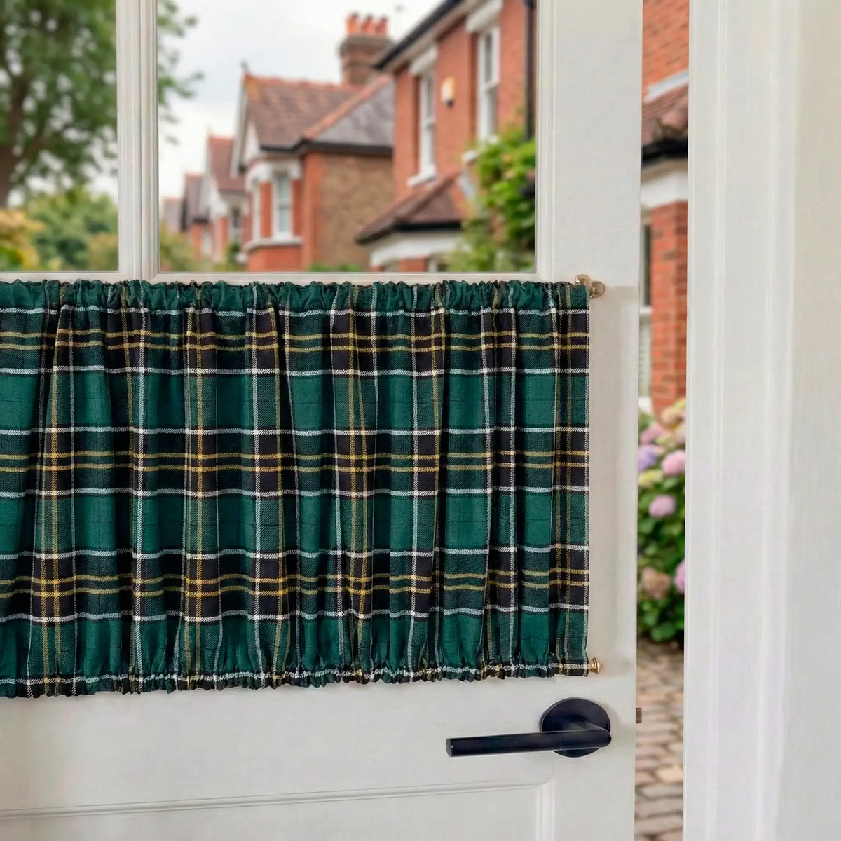 Green Plaid French Door Curtain – Tartan Check Door Sash Curtain with Top & Bottom Rod Pockets
