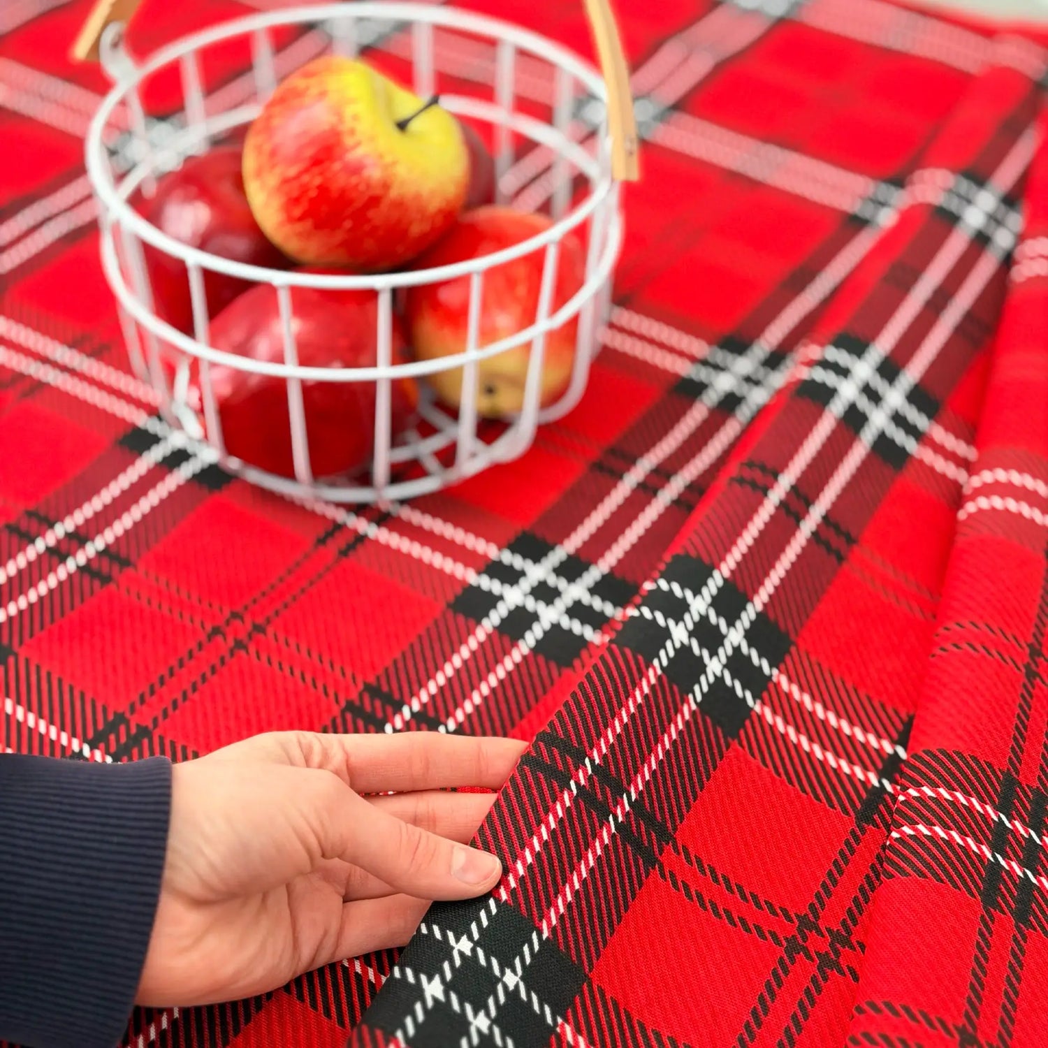 Red plaid tablecloth with a basket of apples and a hand touching the fabric.