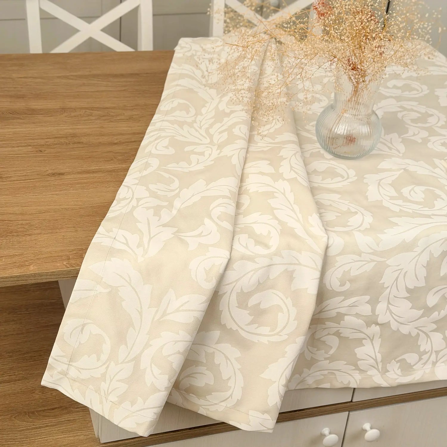 Luxury Tablecloth Waterproof Wipeable, Victorian Damask Table Cover, Cream