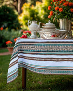 Ethnic Ornamental Linen Tablecloth blue stripes