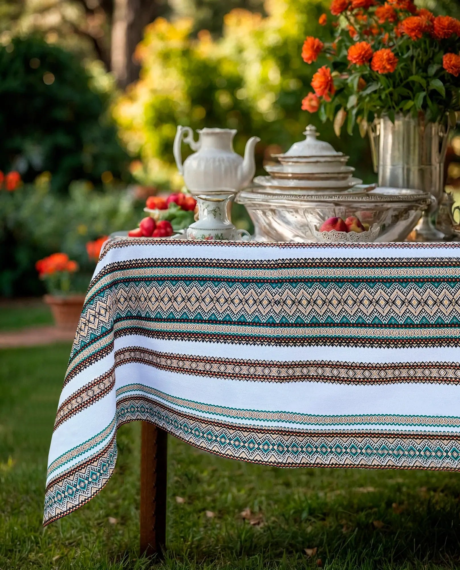Ethnic Ornamental Linen Tablecloth blue stripes