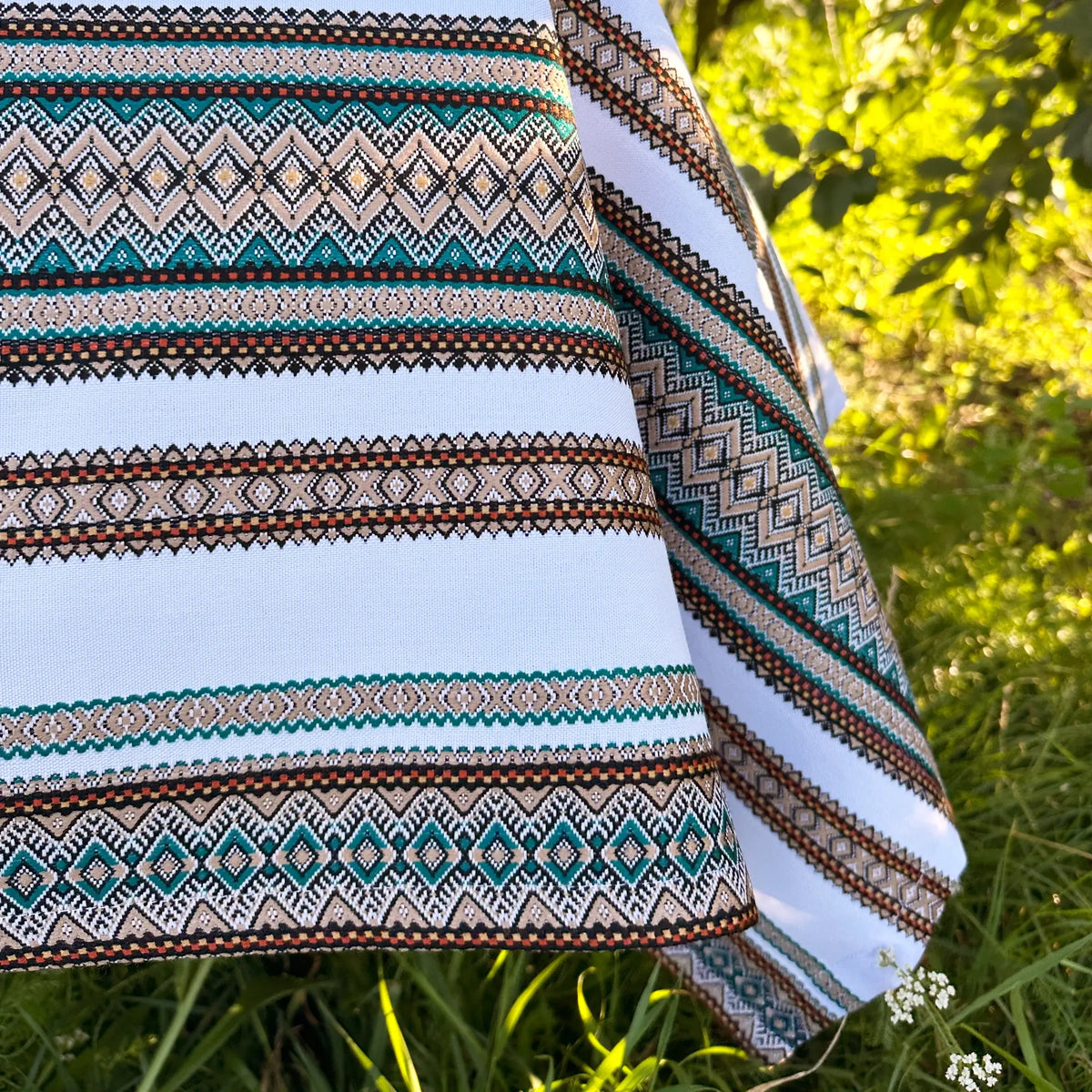 Ethnic Ornamental Linen Tablecloth blue stripes