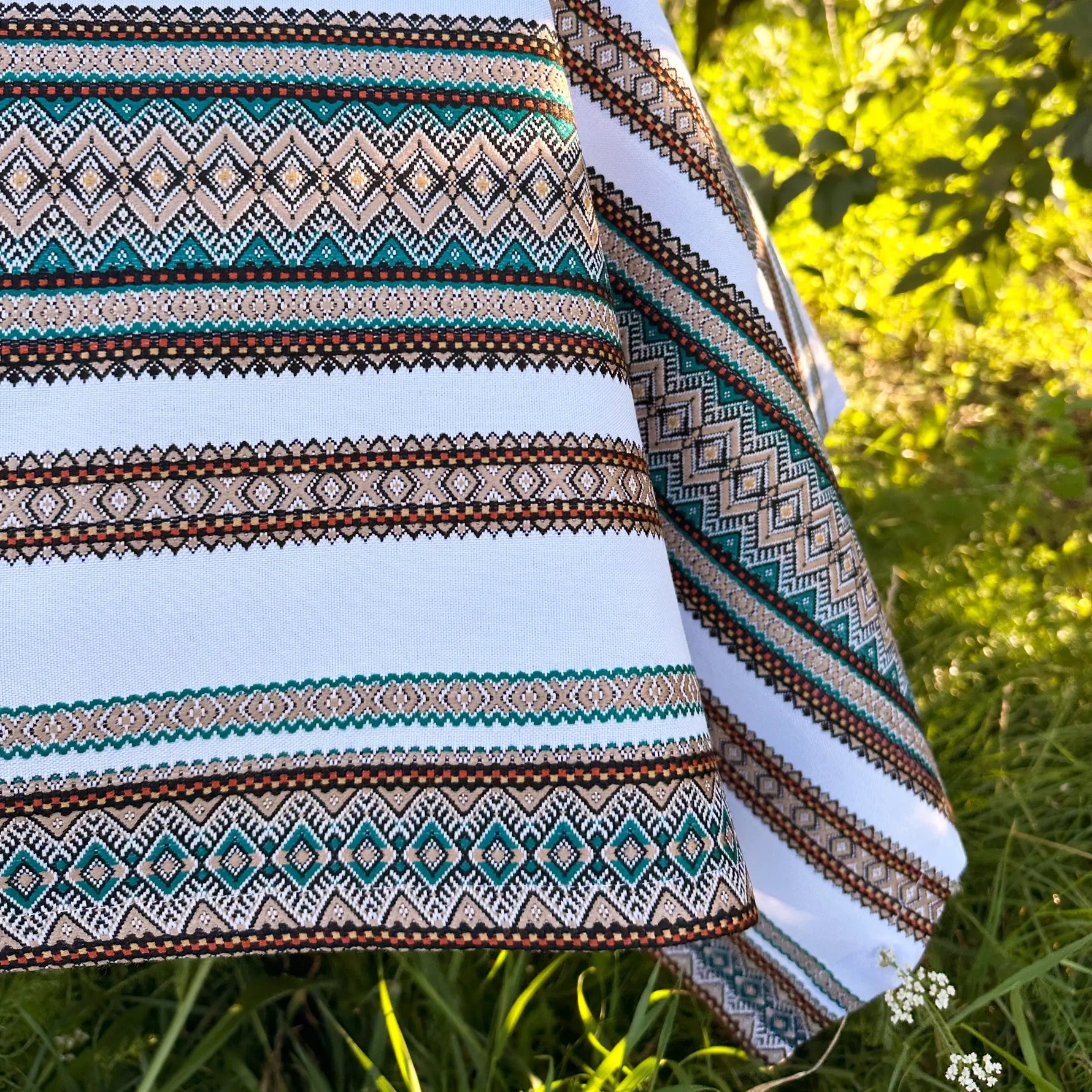 Ethnic Ornamental Linen Tablecloth blue stripes