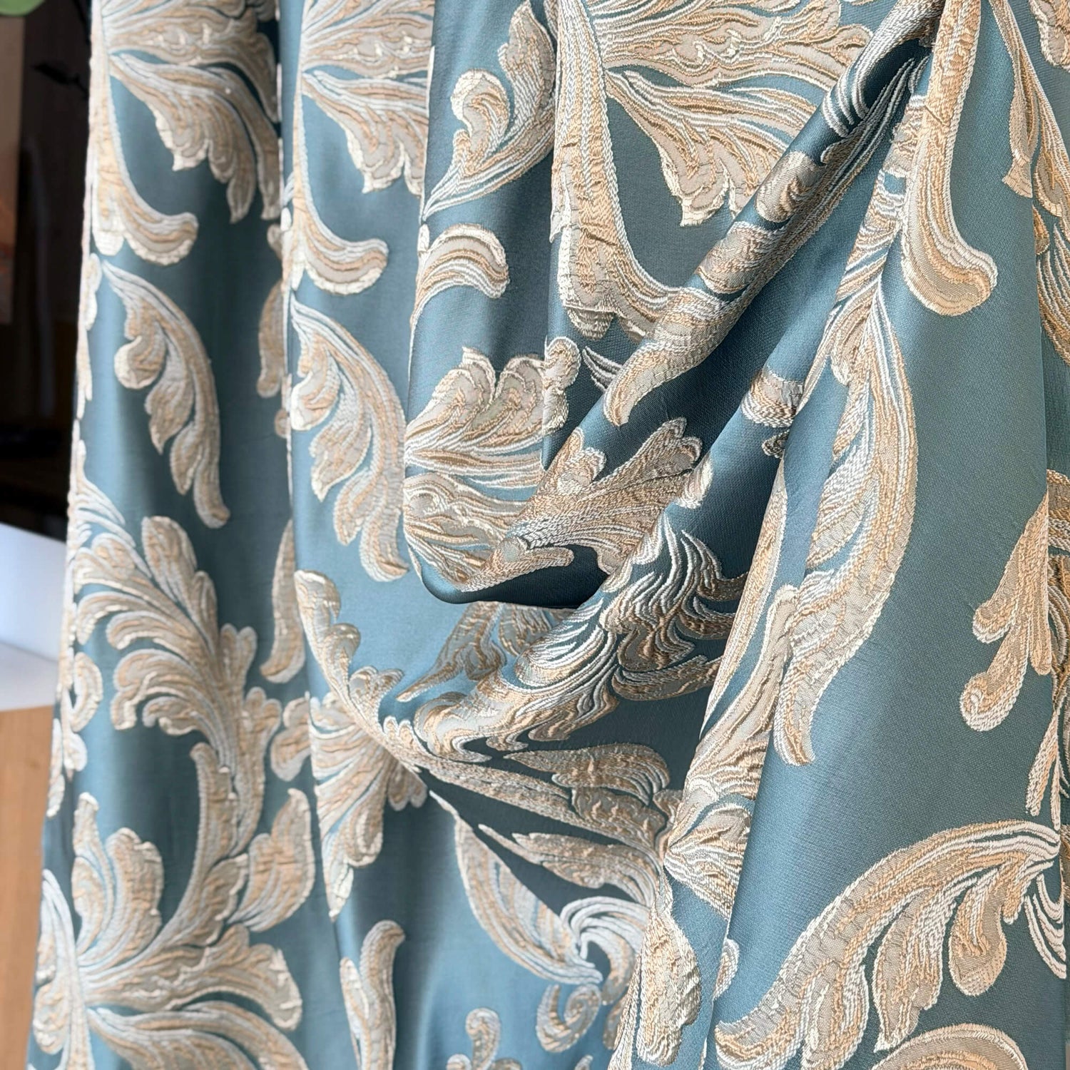 Vintage Art Deco Teal Curtains | Luxury Damask Floral Drapery for Stylish Living Rooms