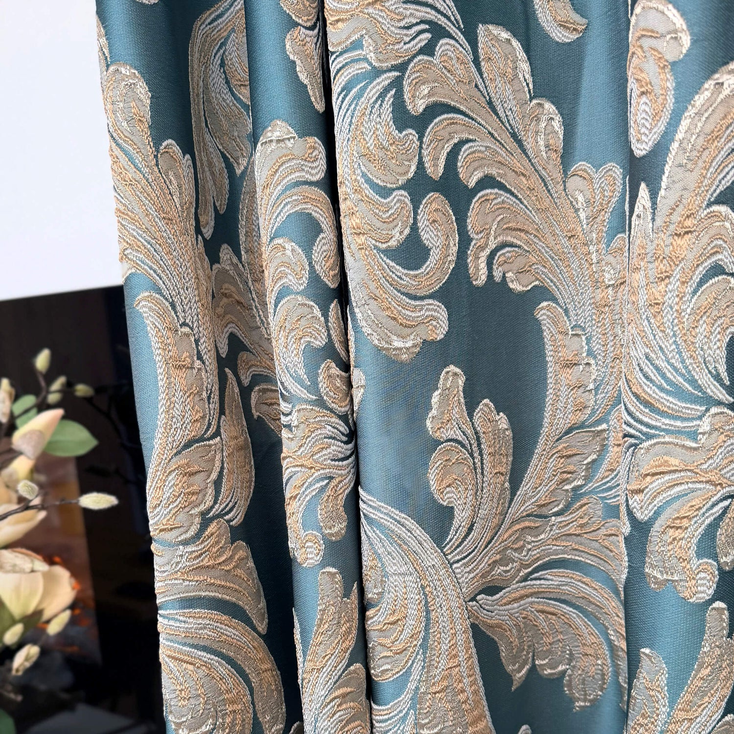 Vintage Art Deco Teal Curtains | Luxury Damask Floral Drapery for Stylish Living Rooms