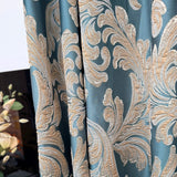 Teal damask jacquard curtains with vintage floral Art Deco pattern