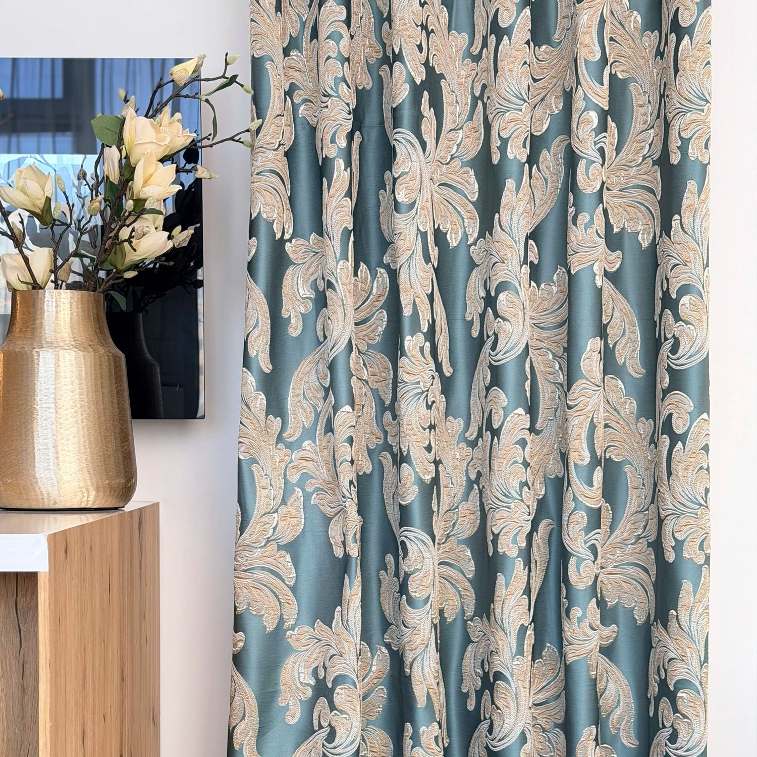 Vintage Art Deco Teal Curtains | Luxury Damask Floral Drapery for Stylish Living Rooms