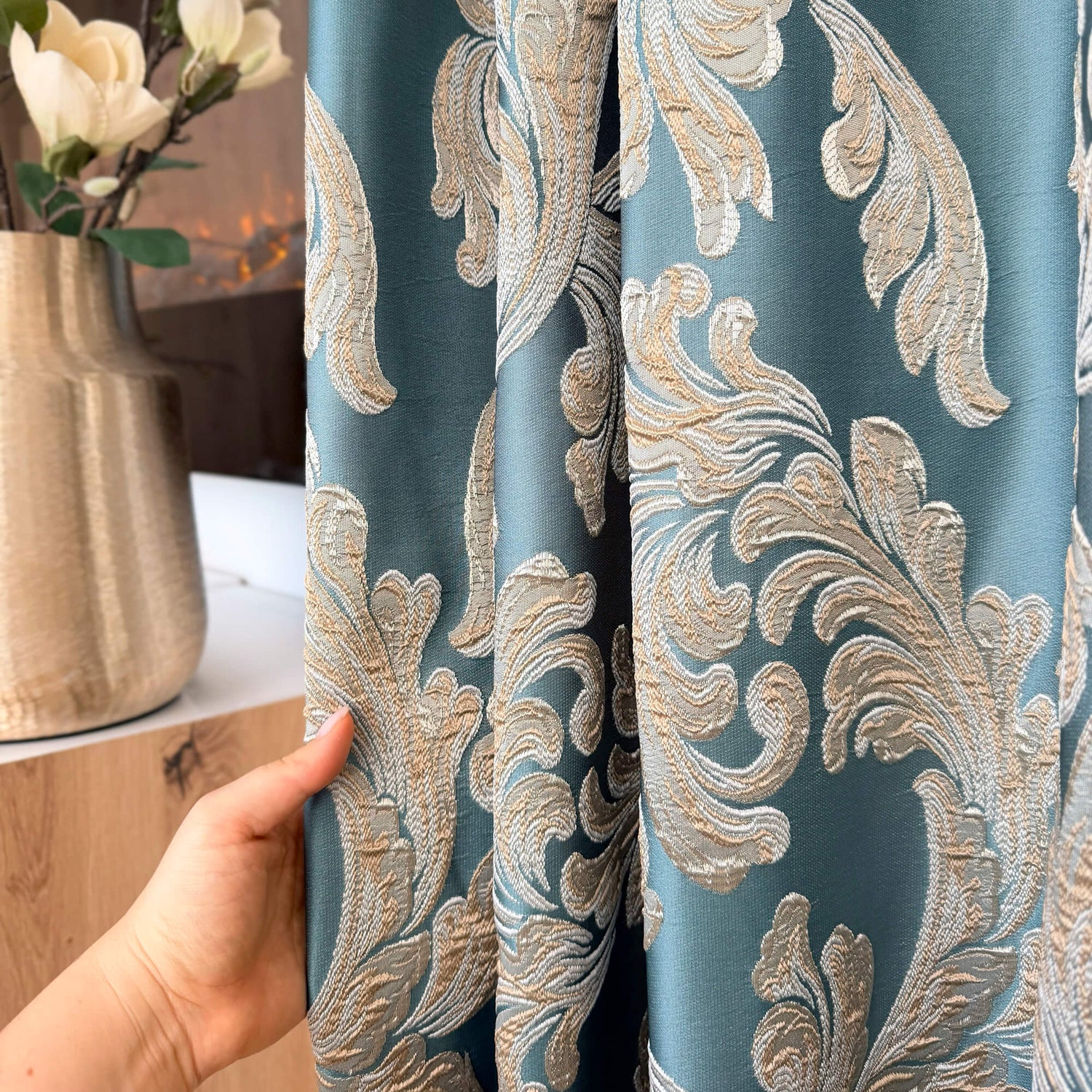Vintage Art Deco Teal Curtains | Luxury Damask Floral Drapery for Stylish Living Rooms