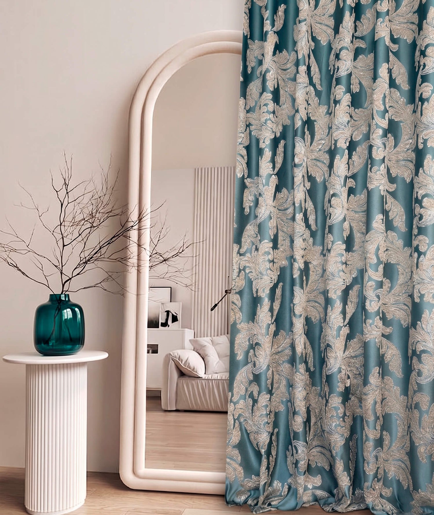 Vintage Art Deco Teal Curtains | Luxury Damask Floral Drapery for Stylish Living Rooms