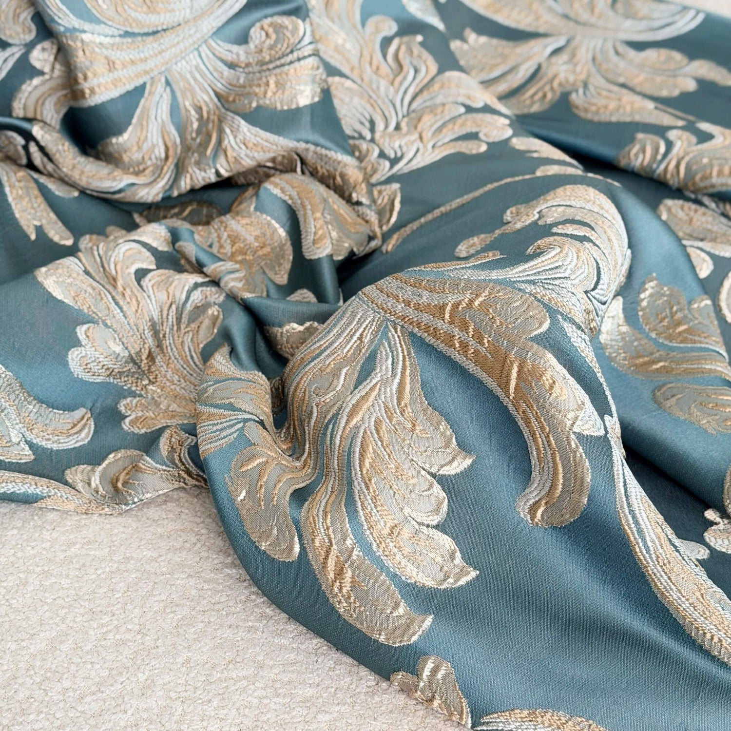 Vintage Art Deco Teal Curtains | Luxury Damask Floral Drapery for Stylish Living Rooms