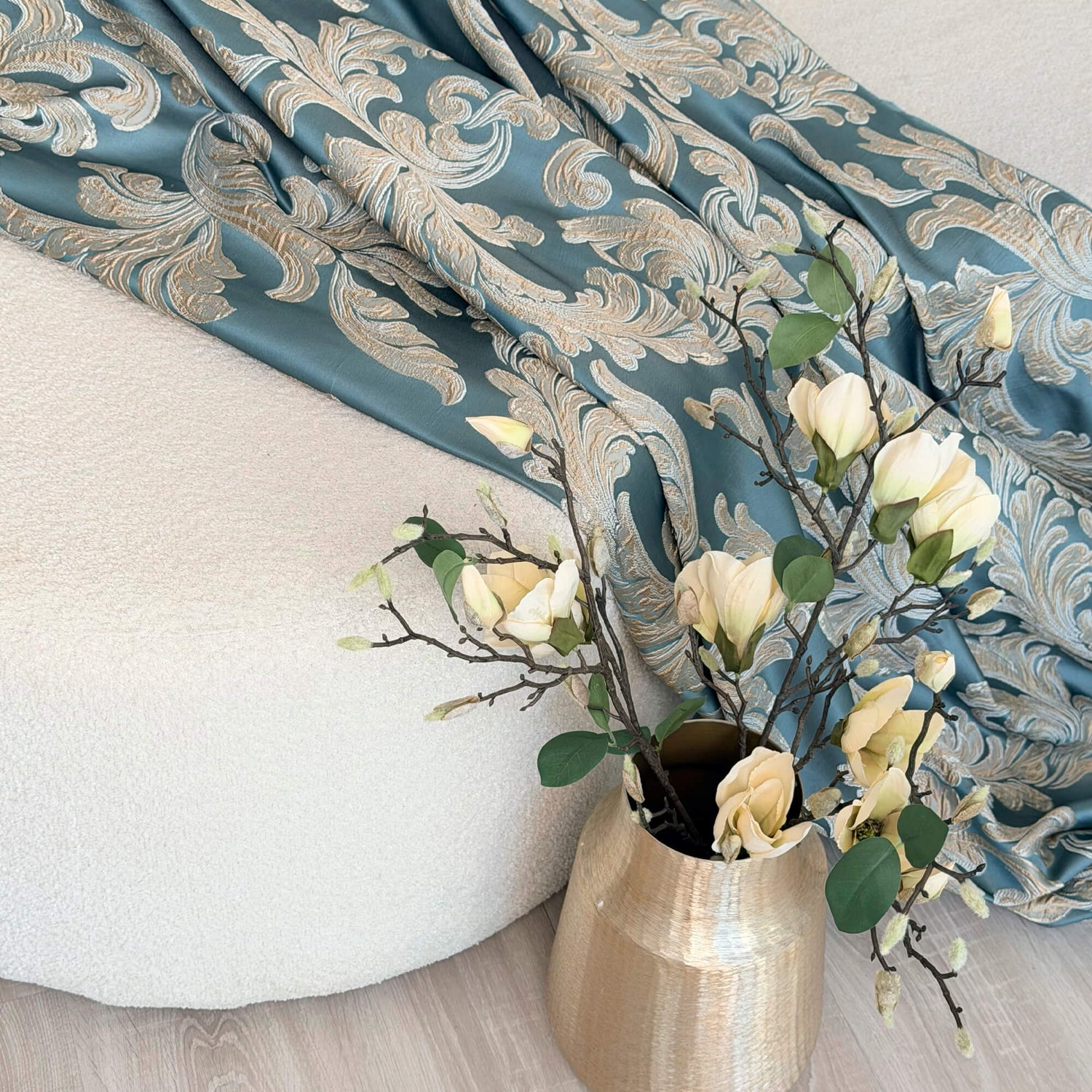 Vintage Art Deco Teal Curtains | Luxury Damask Floral Drapery for Stylish Living Rooms