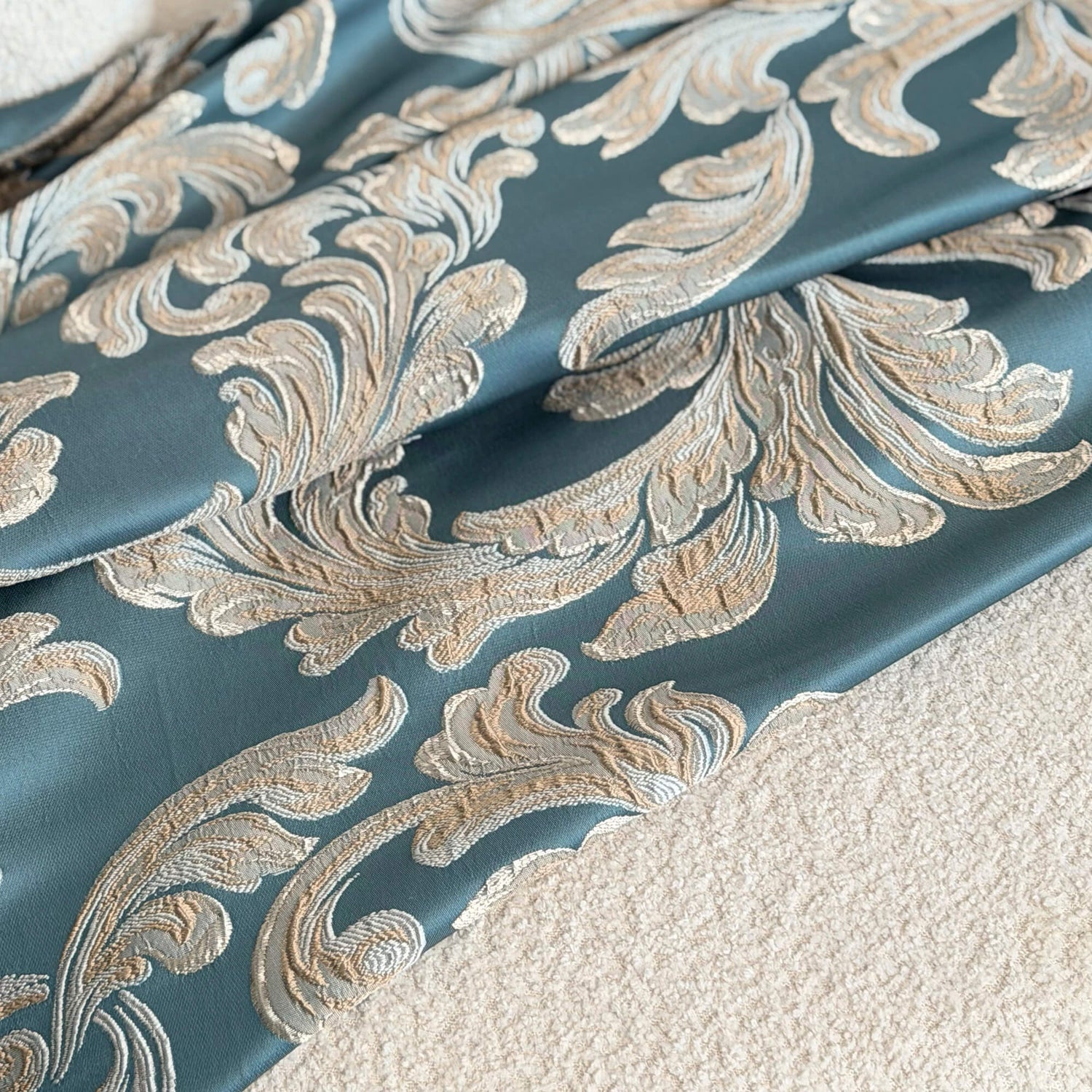 Vintage Art Deco Teal Curtains | Luxury Damask Floral Drapery for Stylish Living Rooms