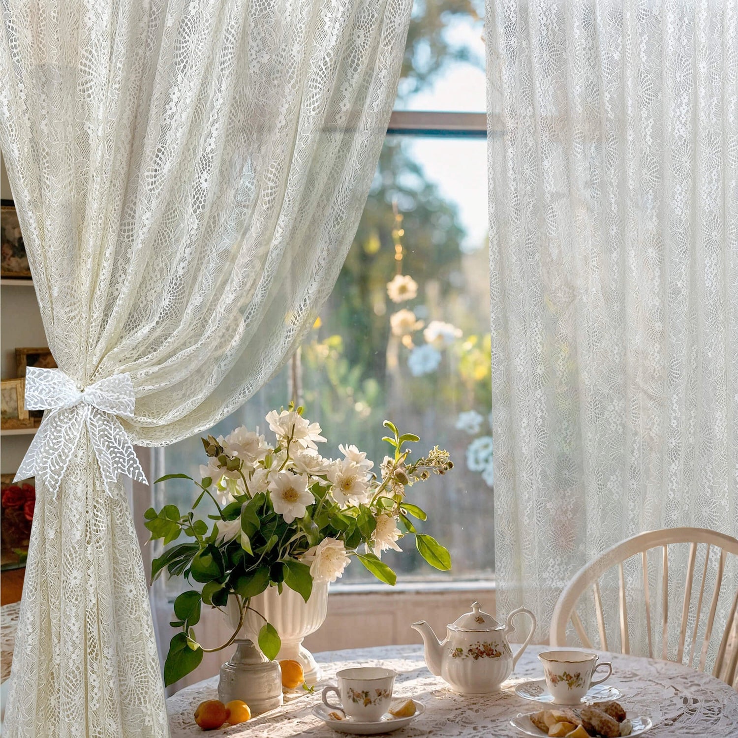 Sheer Curtains from French Lace in Cream color, Retro Vintage Style 