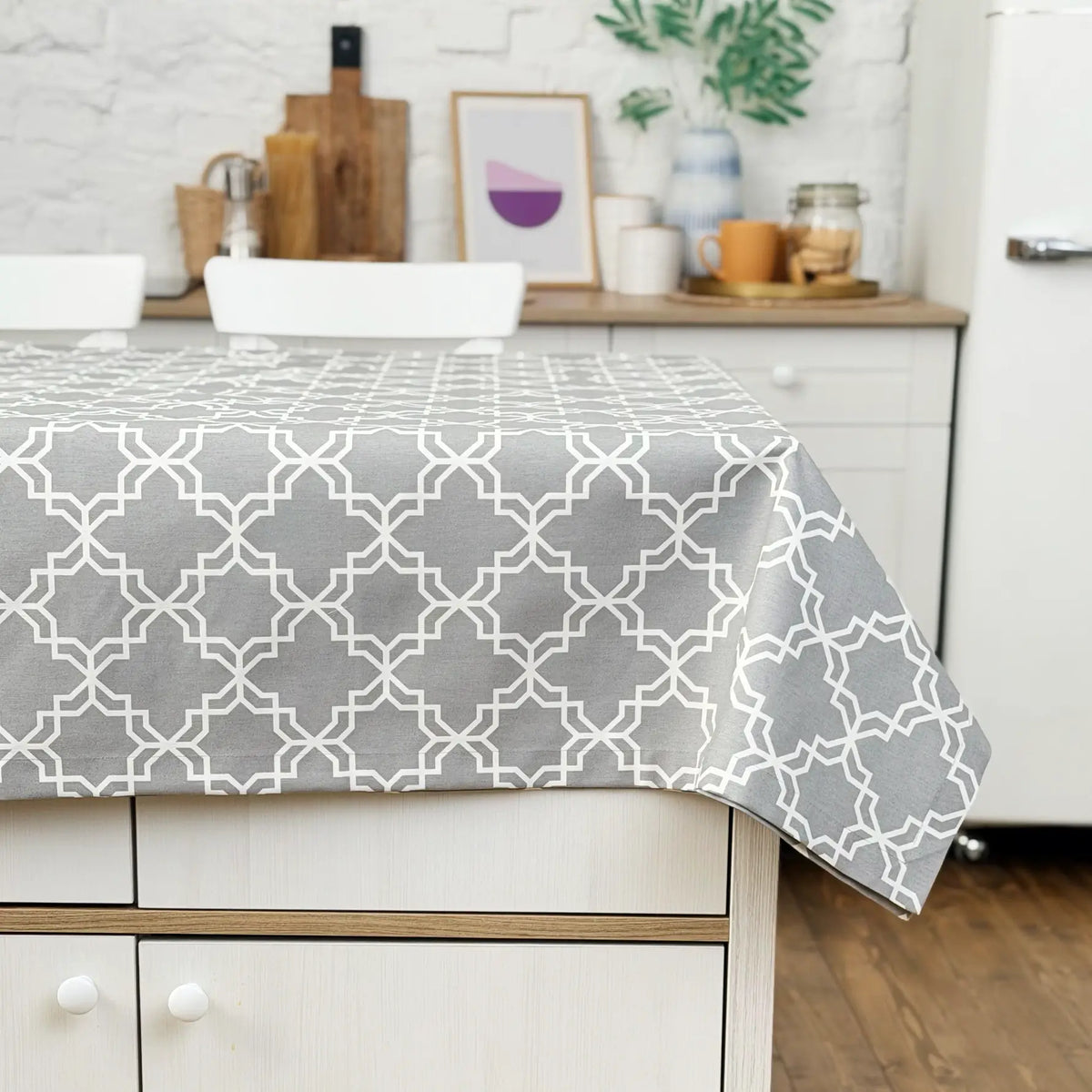 Gray geometric patterned tablecloth on a kitchen table