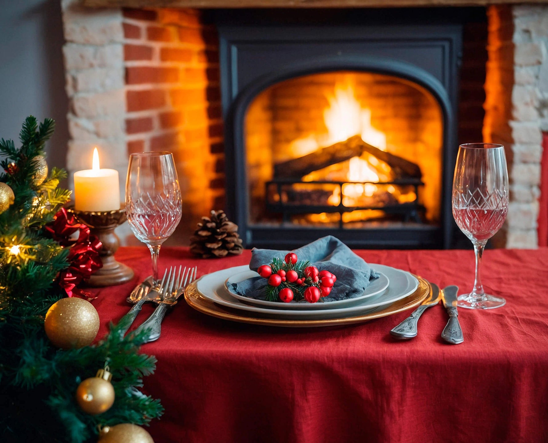 Linen Tablecloth Festive Christmas Round / Square  Red
