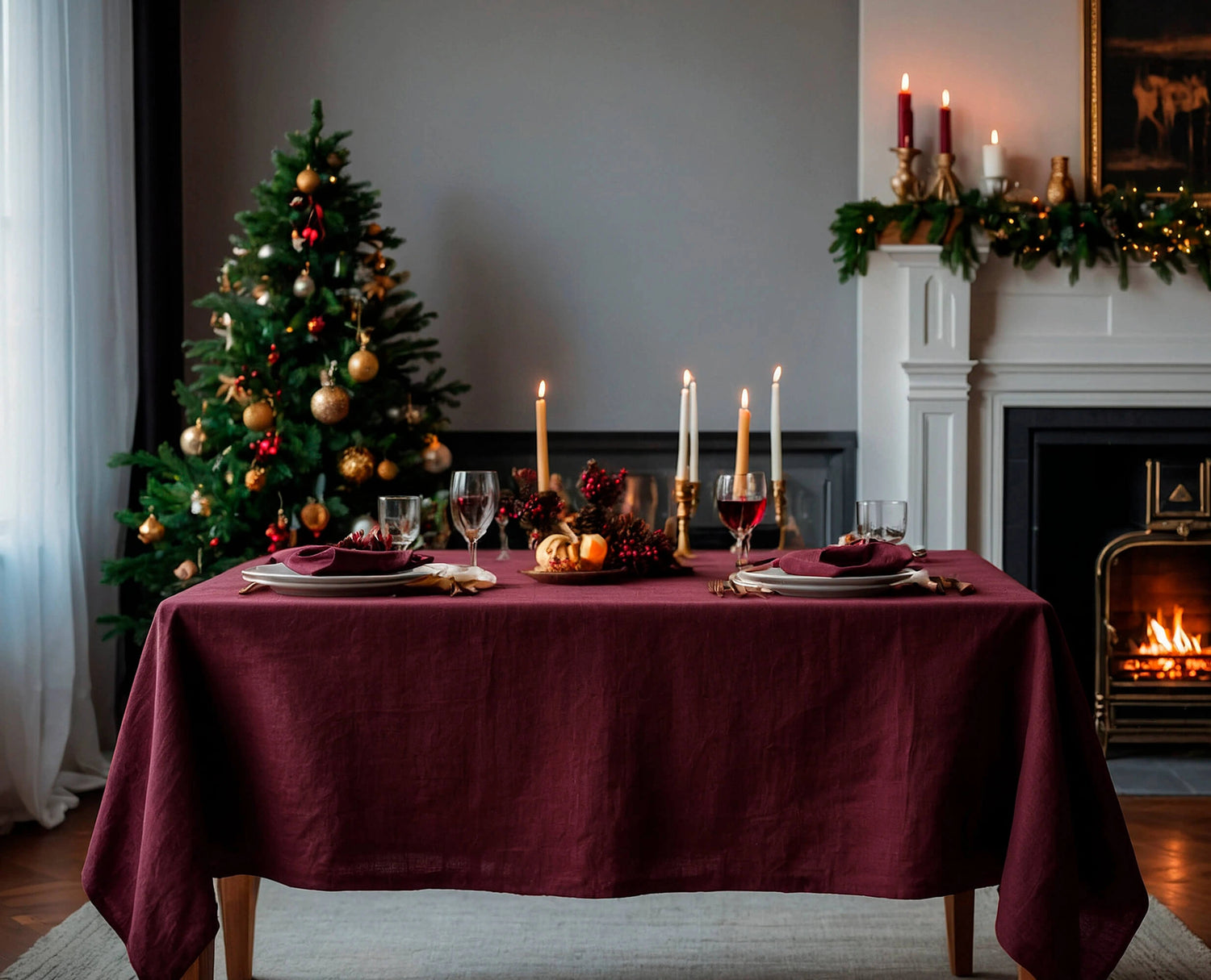 Linen Tablecloth Festive Christmas Round / Square in Burgundy