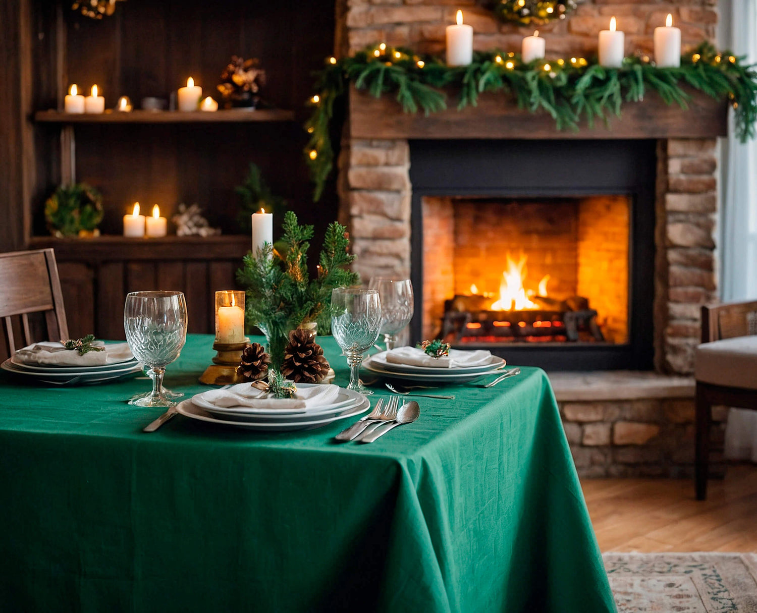 Linen Tablecloth Festive Christmas Round / Square in Emerald