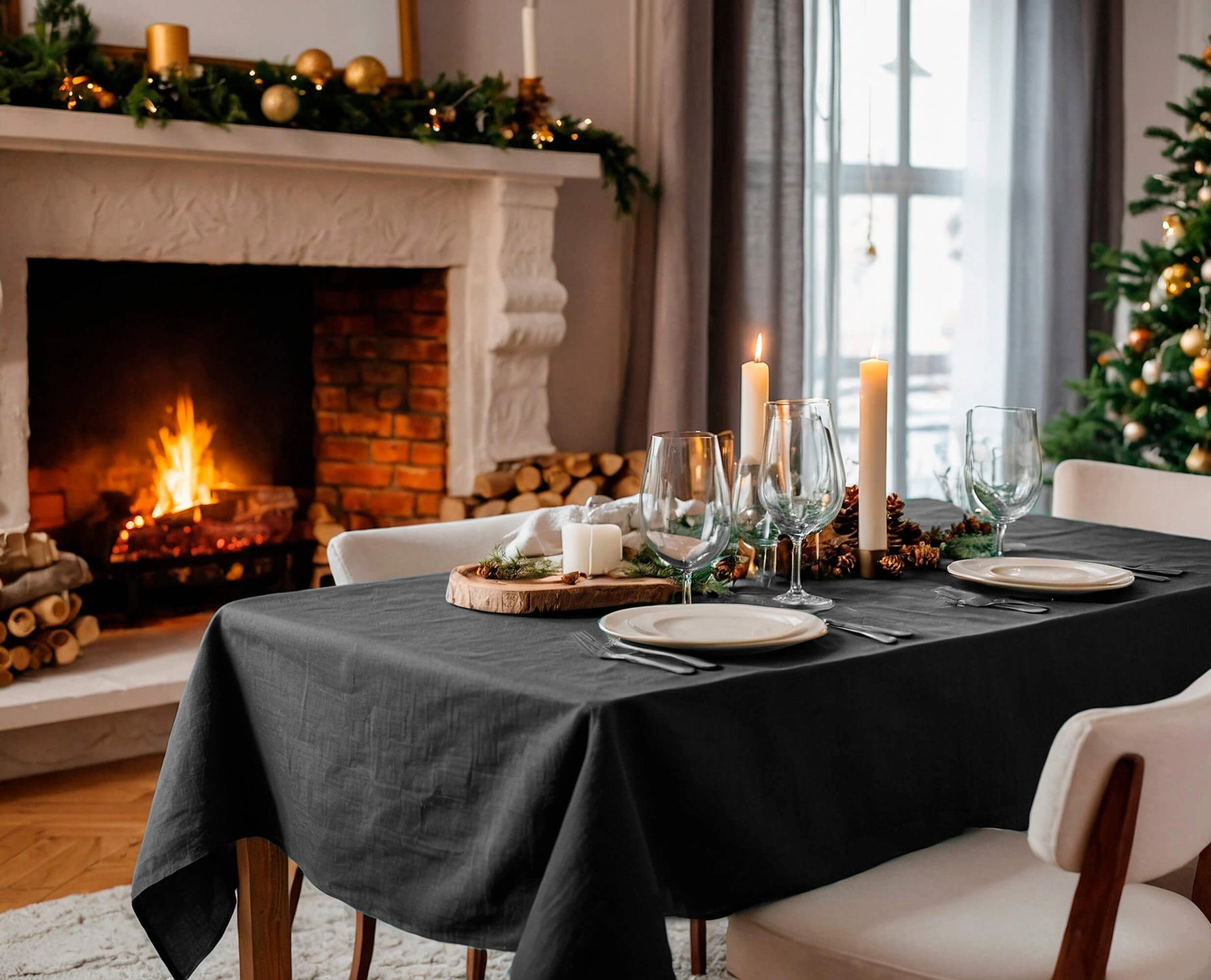 Linen Tablecloth Festive Christmas Round / Square in Gray 