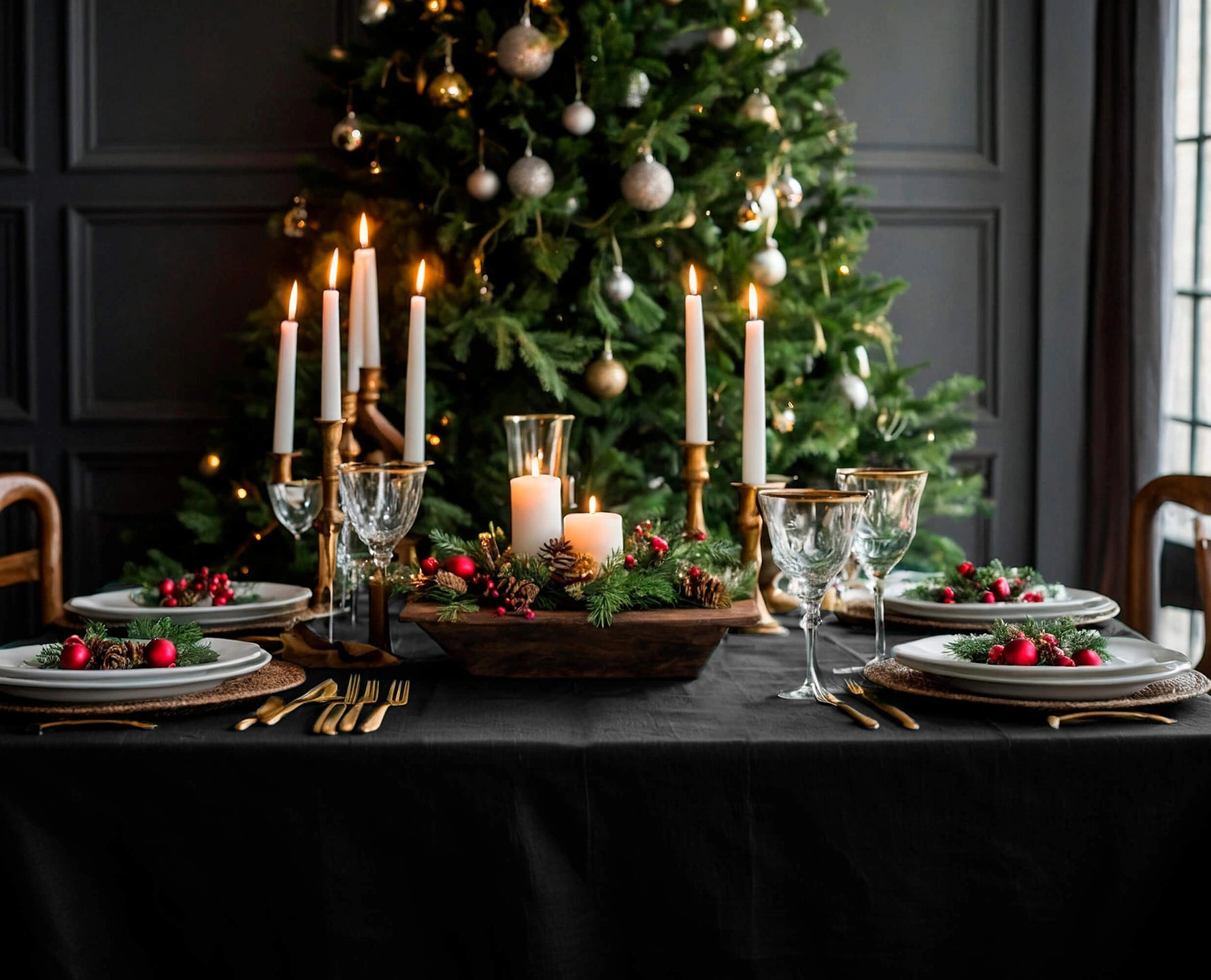 Linen Tablecloth Festive Christmas Round / Square in Emerald, Red, Burgundy, Gray and Black, Rustic