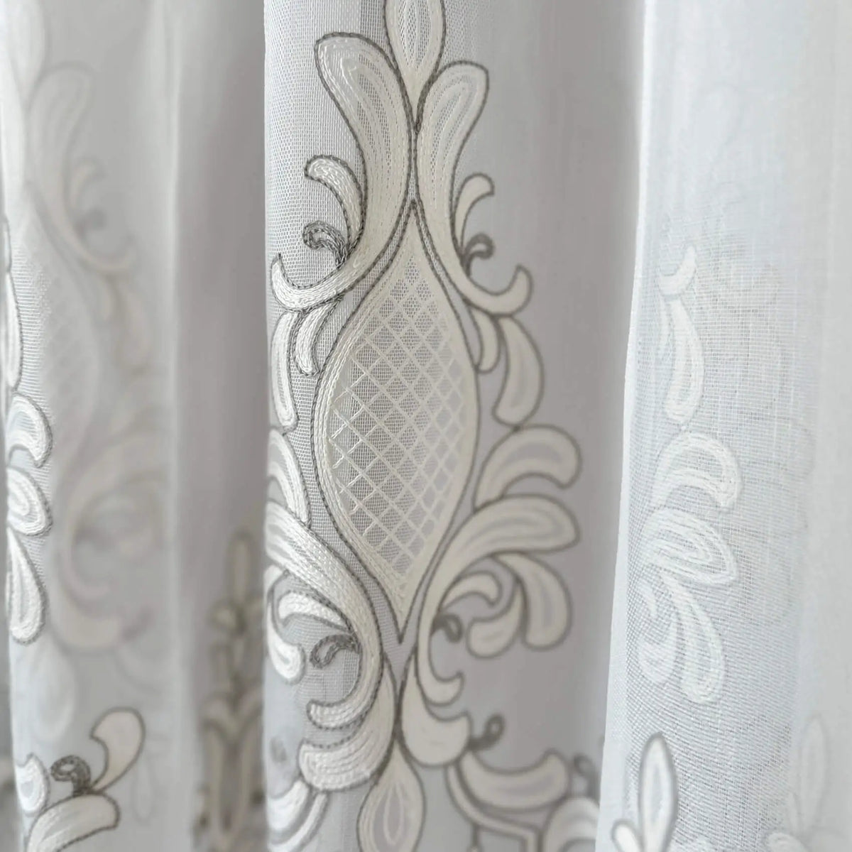 Tulle Curtains Victorian Damask with Gray Embroidery