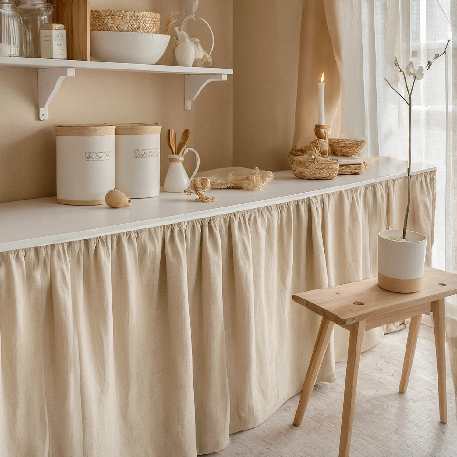 shelf curtains from linen fabric beige